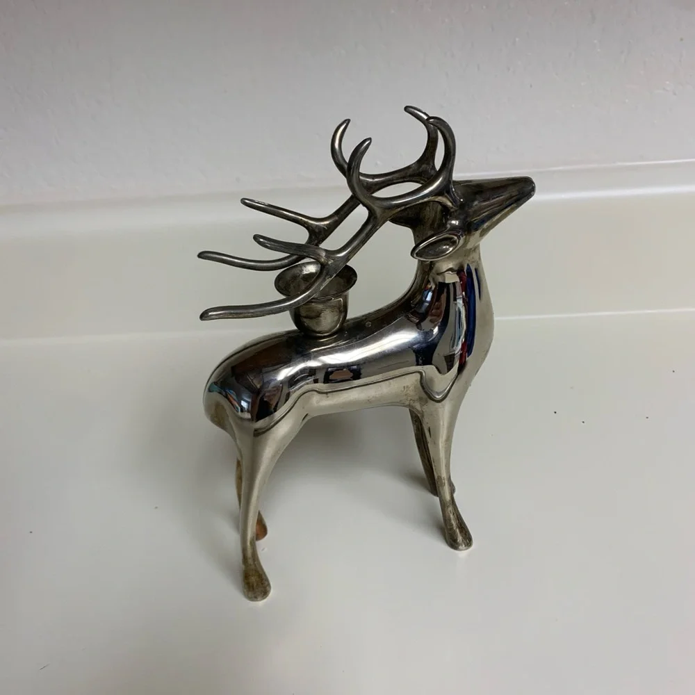 Metal Reindeer Candle Holder Sculpture silver tone Heavy 7 3/4” Tall Christmas